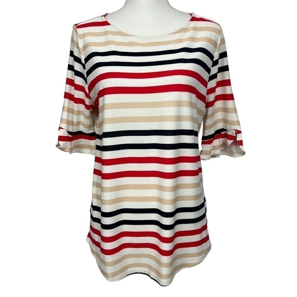 ANN TAYLOR Factory Women’s Pullover Top Sz Large Multi Color Stripes Stretch - Picture 1 of 11